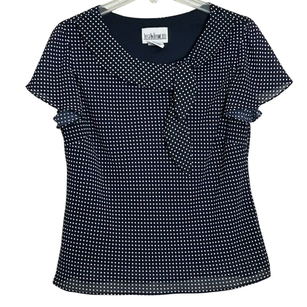 Just In Thyme LTD Women's Blouse Navy Blue and White Polka Dot size 14 - Picture 2 of 12